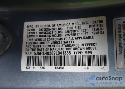 2009 Honda Cr-V Lx из США, поврежденный, VIN 5J6RE48389L041335